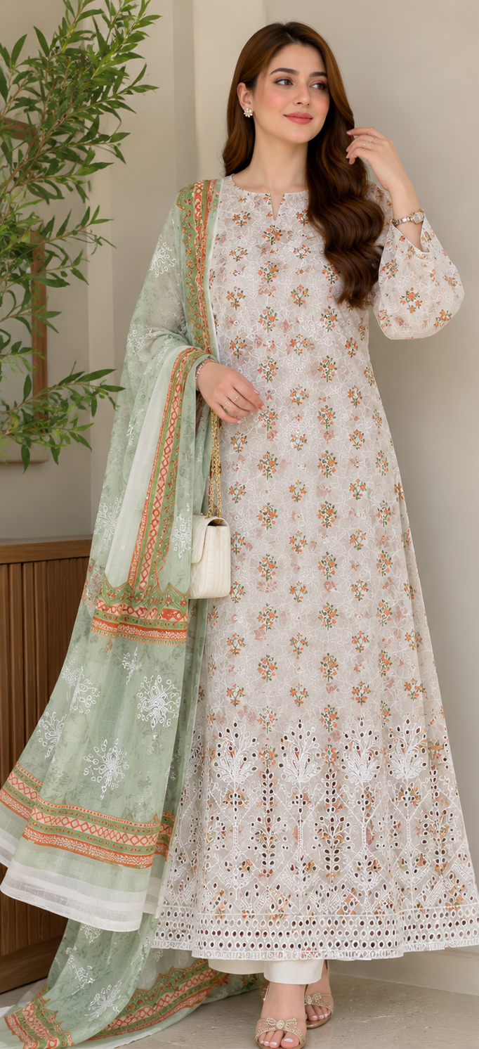 3-Piece Unstitched Digital Floral Embroidered Suit