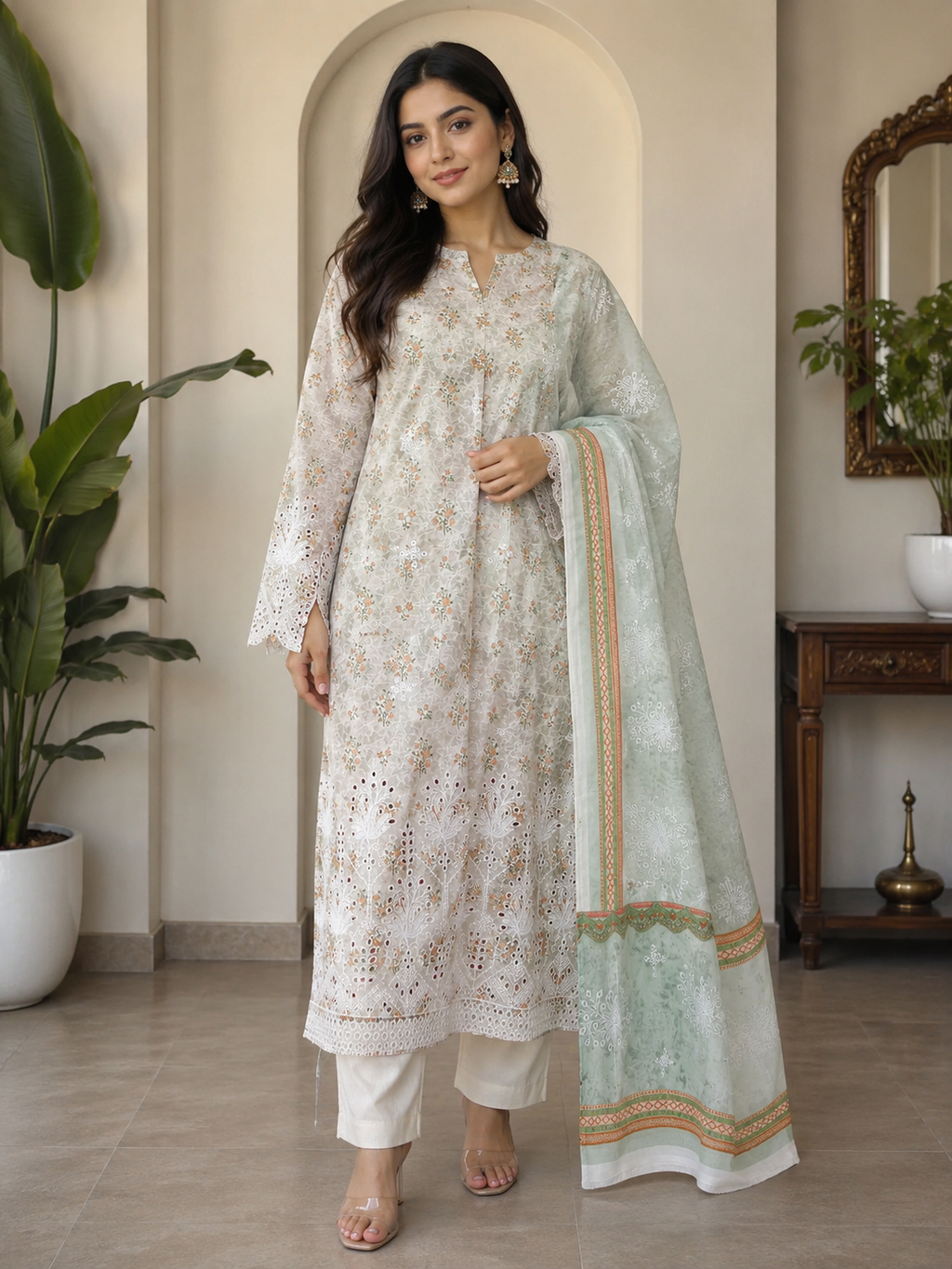 3-Piece Unstitched Digital Floral Embroidered Suit