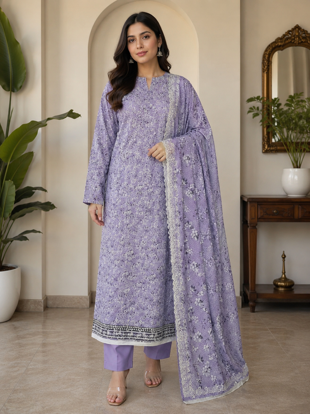 3-Piece Unstitched Digital Floral Printed Embroidered Suit