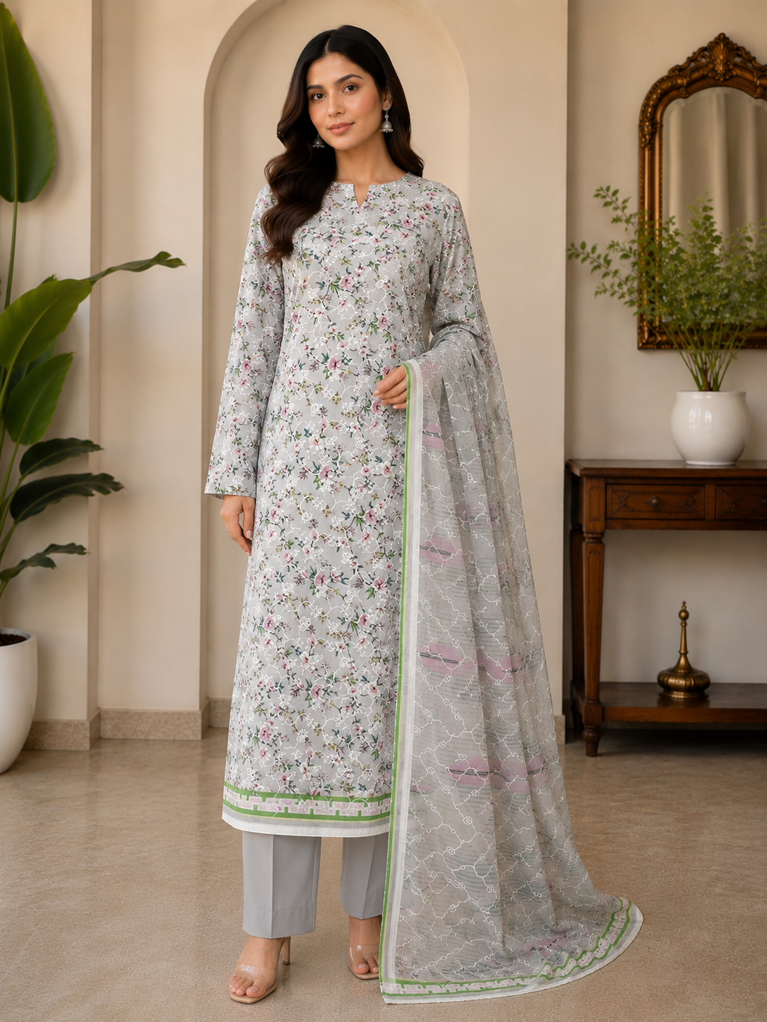 3-Piece Unstitched Digital Floral Embroidered Suit