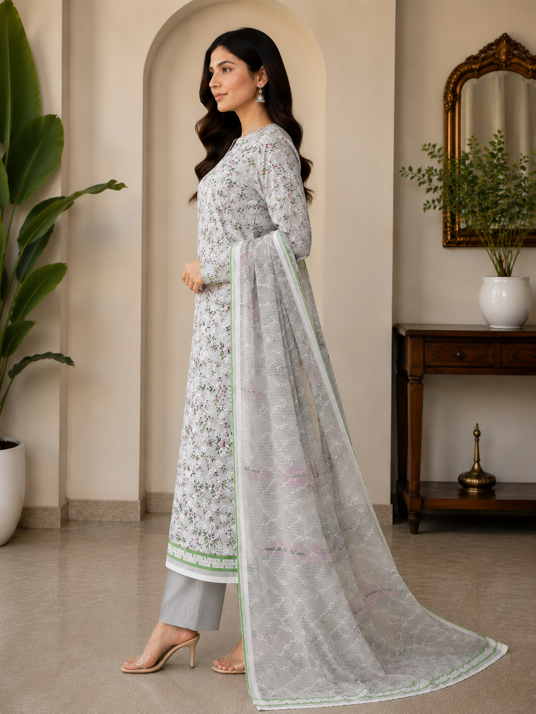 3-Piece Unstitched Digital Floral Embroidered Suit