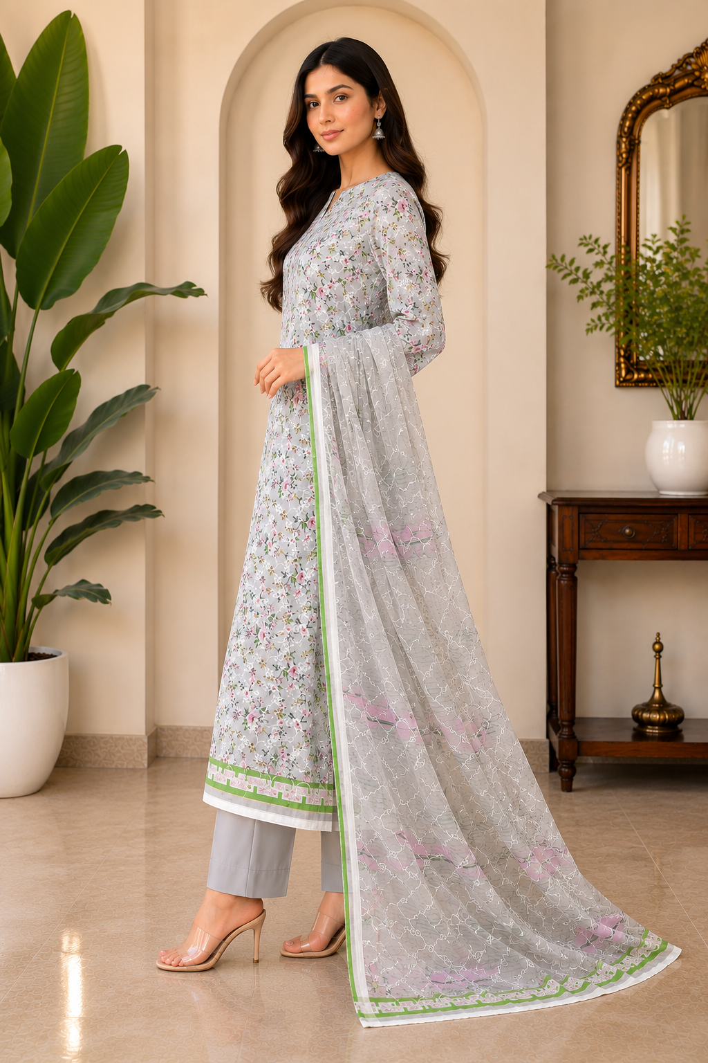 3-Piece Unstitched Digital Floral Embroidered Suit