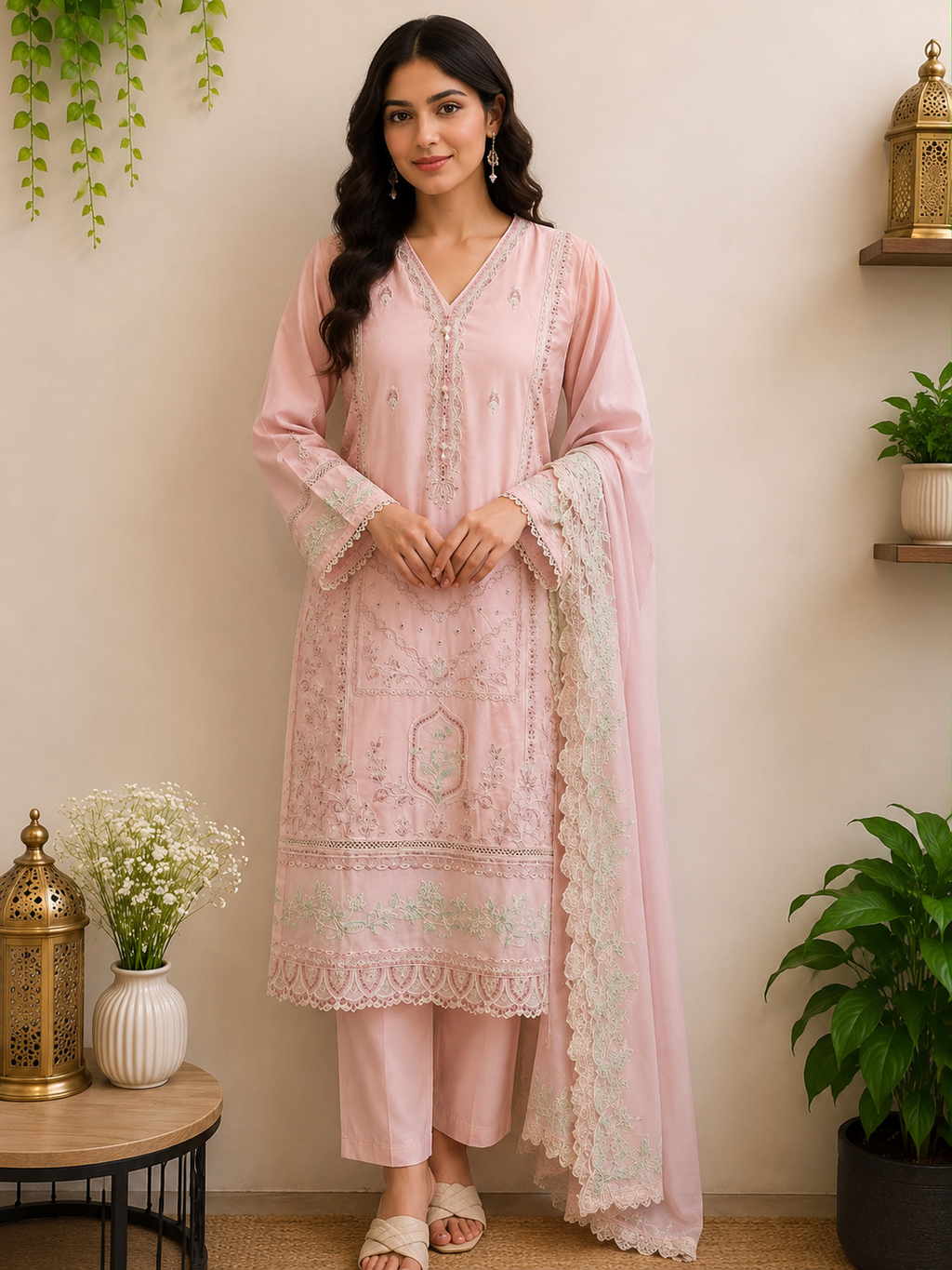 3-Piece Ready to Wear Solid Embroidered Suit