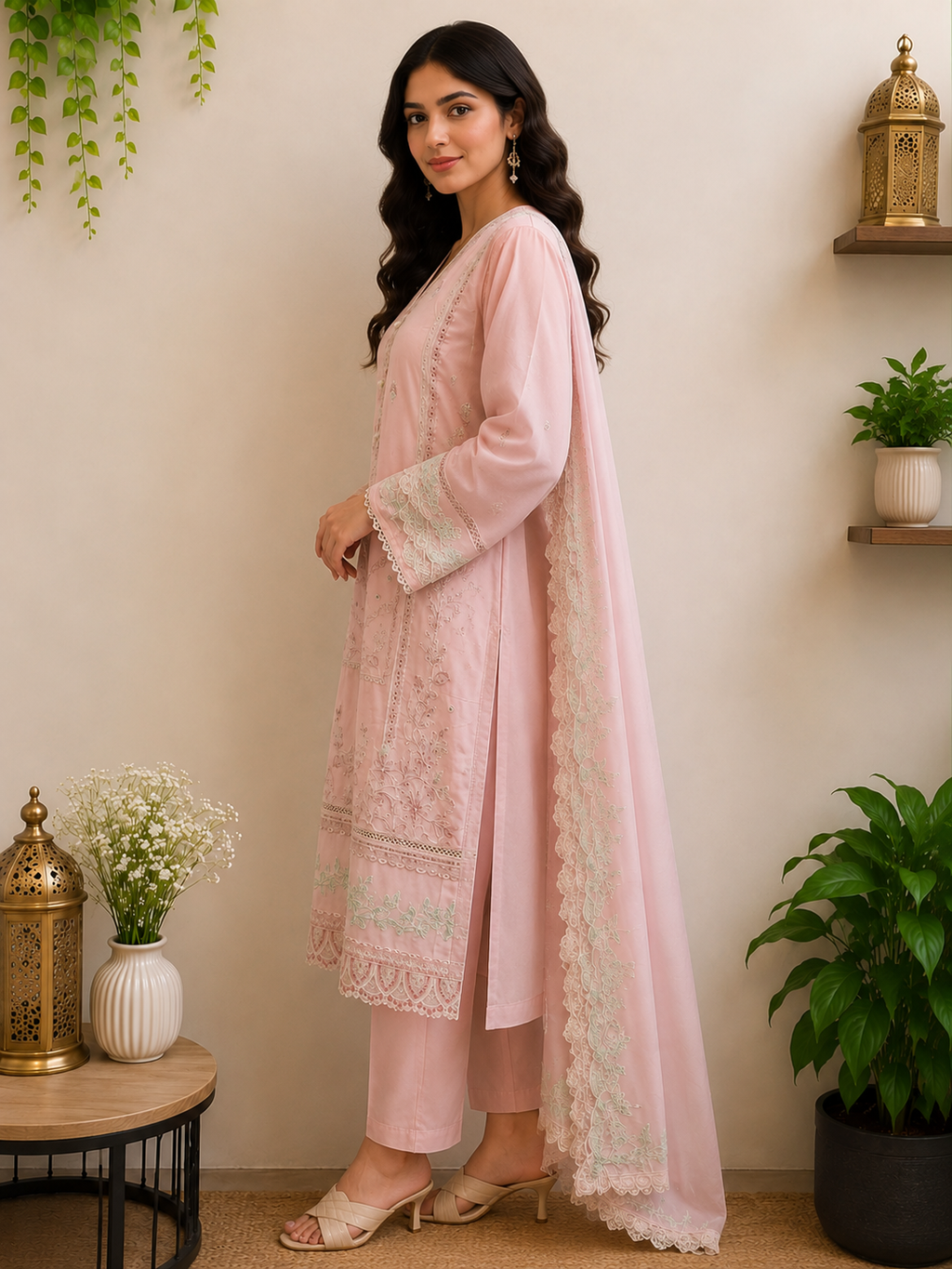 3-Piece Ready to Wear Solid Embroidered Suit
