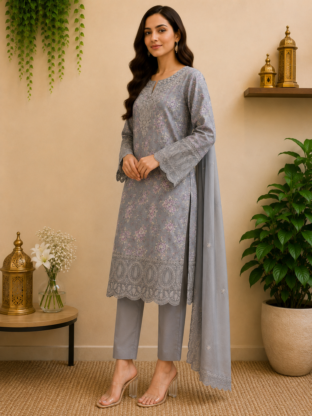 3-Piece Ready to Wear Floral Embroidered Suit