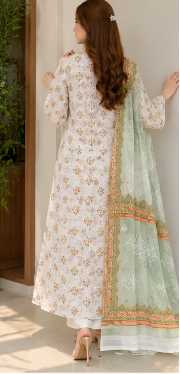 3-Piece Unstitched Digital Floral Embroidered Suit