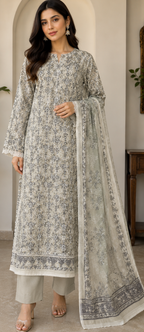 3-Piece Unstitched Digital Floral Embroidered Suit