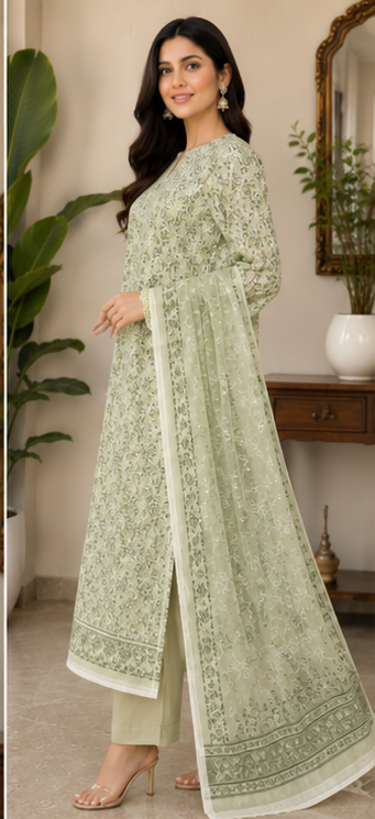 3-Piece Unstitched Digital Floral Embroidered Suit